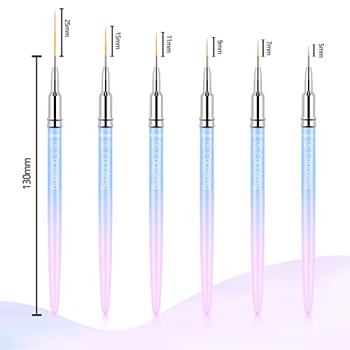 Liner Brush for Nails, 6Pcs Thin Nail Art Brushes Professional Nail Detail Brush for Gel Polish Sizes 5/7/9/11/15/25mm (Blue and Pink)