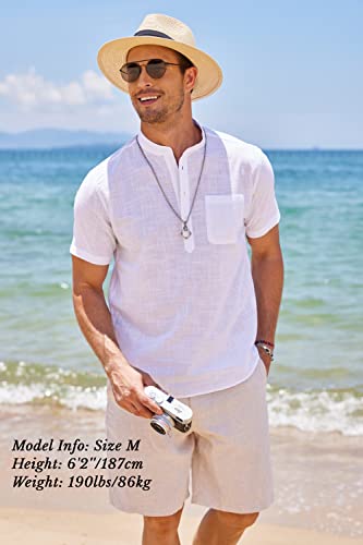 COOFANDY Men's Cotton Linen Henley Shirt Short Sleeve Striped Casual Beach T-Shirts Banded Collar Beach Tops