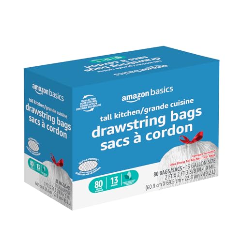 Amazon Basics Ultra-Force Tall Kitchen Drawstring Trash Bags, Classic Clean Scented, 13 Gallon, 80 Count with Odor Control