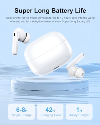 TUMJUN Wireless Earbuds, 42H Playtime Bluetooth 5.3 Headphones, HiFi Stereo Call Noise Cancelling Earbuds, IPX7 Waterproof Stereo in-Ear Earphones with LED Display for iOS Android Cell Phone (Grey)