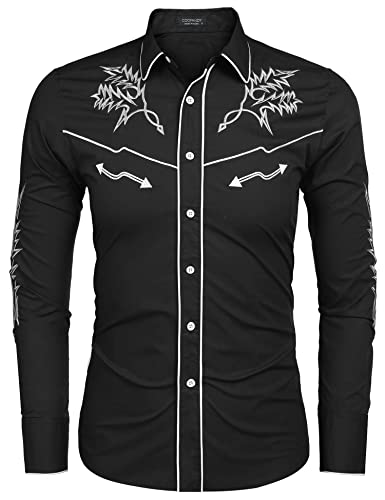 COOFANDY Men's Western Cowboy Shirt Long Sleeve Embroidered Cotton Casual Button Up Shirts for Men, Black(PAT8), Large