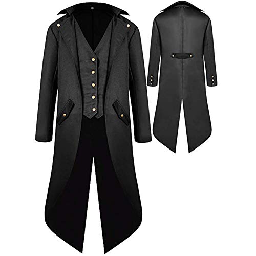 BITSEACOCO Mens Gothic Medieval Tailcoat Jacket, Steampunk Vintage Victorian Frock High Collar Coat(S,Black