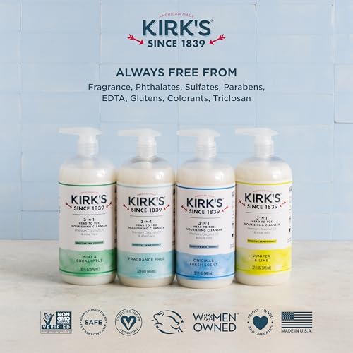 Kirk's 3-in-1 Head to Toe Nourishing Liquid Cleanser- for Men, Women & Children - Premium Coconut Oil & Aloe Vera- Non GMO & Vegan -Fragrance Free - 32 Fl Oz.