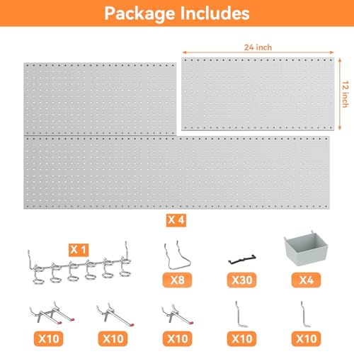 WALMANN Metal Pegboard Kit with Accessories for Wall Garage Tools Pegboard Storage System for Garage, Workbench, Shed Modular Peg Board Organizer Board with Hooks(Black)