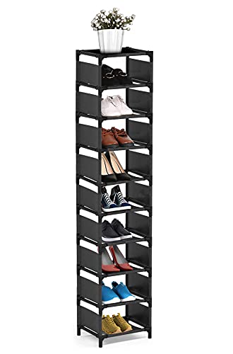 Vertical Narrow Tall Shoe Rack for front Door Entrance,10 Tiers Sturdy Metal Shoe Rack Organizer for Closet Entryway, 10-15 Pairs of Shoes and Boots Storage Shelf, Space Saving Stackable Shoe Rack