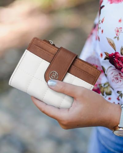 BOSTANTEN Small Wallet for Women Leather RFID Blocking Card Holder Bifold Compact Wallets With Zipper Coin Pocket Beige&Brown