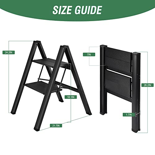 HBTower 2 Step Ladder, Aluminum Ladder, Folding Step Stool for Adults, 330LBS Capacity Sturdy& Portable Ladder for Home Kitchen Library Office, Gold