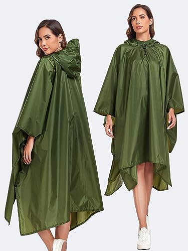 SaphiRose Hooded Rain Poncho Waterproof Raincoat Jacket for Men Women Adults (Army Green)