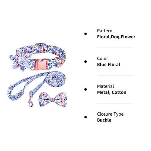 Girl Dog Collar and Leash Sets with Bow Tie, Dog Collar with Detachable Flower with Dog Tag Strong Gold Buckle for Small Medium Large Dogs