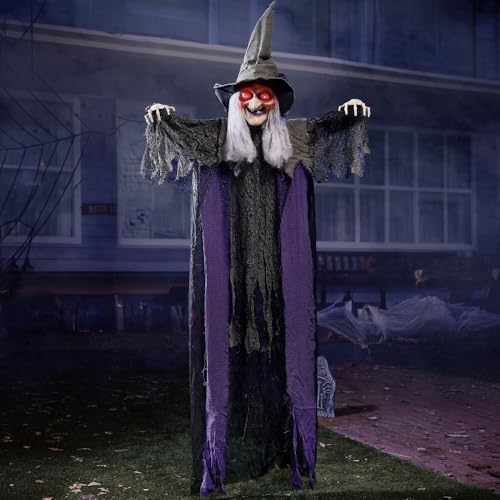 JOYIN 84” Hanging Talking Witch Halloween Decorations Outdoor Decor, Standing Flying Hover Witch Halloween Party Supplies Light Up Eyes Haunted House Front Porch Gard Yard Lawn