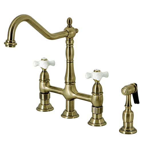 Kingston Brass KS1273PXBS Kitchen Bridge Faucet with Side Sprayer, Antique Brass