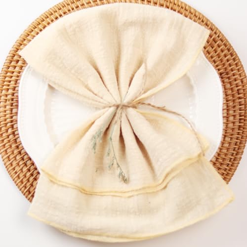 Dololoo Handmade Gauze Napkins 16.5x16.5 Inches 100% Cotton Cloth Napkins, Set of 4 Versatile Handmade Square Rustic Fringe Napkins for Dinner, Wedding and Parties, Beige