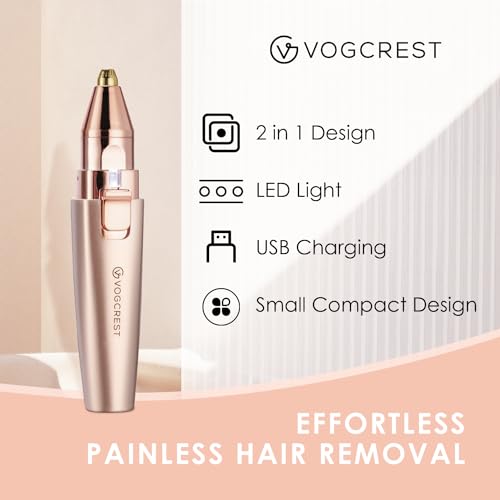 VG VOGCREST Eyebrow Facial Trimmer: 2 in1 Rechargeable Facial Hair Removal and Eyebrow Shaver - Face Lips Body Painless Facial Razor with Built-in LED Light (Rose Gold)