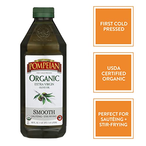 Pompeian USDA Organic Smooth Extra Virgin Olive Oil, First Cold Pressed, Smooth, Delicate Flavor, Perfect for Sautéing & Stir-Frying, 48 FL. OZ.