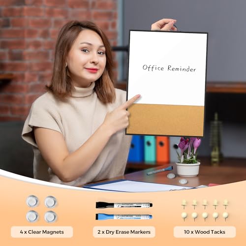 Small White Board Cork Board Combo, 16"x12" Magnetic Dry Erase Board & Bulletin Corkboard with Handle for Wall Hanging, Portable Aluminum Frame Whiteboard with Cork for Office Home School