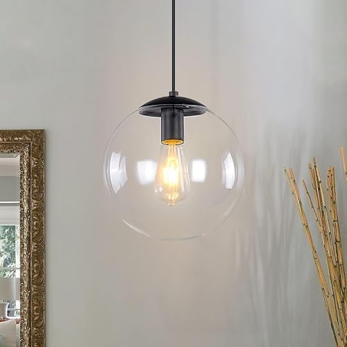 KoKo&Yukina 6-inch Mini Modern Globe Pendant Light Clear Glass with Black Finish Contemporary Mid Century Adjustable Hanging Light Fixture for Living Room Bedroom Kitchen