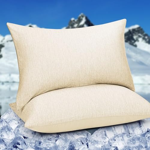 HOMFINE Cooling Pillowcases Standard Size - Double Side Q-Max 0.439 Cooling Fiber for Pillow Protector, Breathable Cold Pillow Cover for Hot Sleeper Night Sweat, Hidden Zipper, 2 Pack (20"x26", Beige)