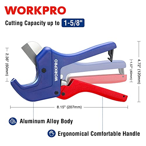 WORKPRO Ratchet PVC Pipe Cutter, Up to 1-5/8", Plastic Pipe and Tubing Cutter for PEX, PVC, PPR, and Plastic Hoses, High-quality Aluminum Die-casting Body with Sharp Stainless Steel Blades