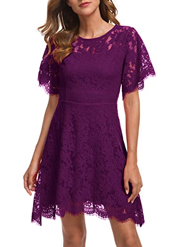 MSLG Women's Elegant Round Neck Short Sleeves Wedding Guest Floral Lace Cocktail Party Dress 943 (S, Purple)