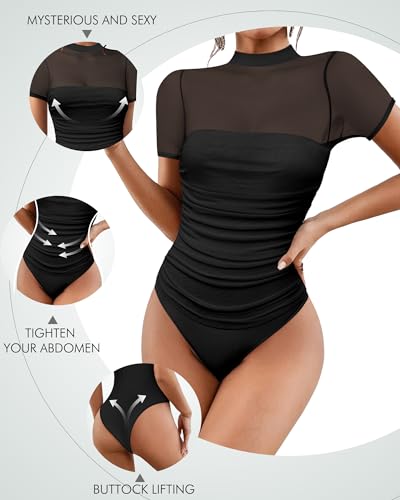 Kentysill Sexy Mesh Bodysuits for Women: Mock TurtleNeck Short Sleeve Ruched Body suit Summer Trendy Going Out Tops White S