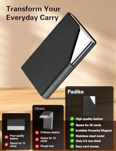 Padike Business Card Holder, Upgraded Leather Business Card Case Pocket Card Holders for Men or Women, Metal Slim Name Card Holder RFID Blocking Business Card Carrier with Magnetic Closure (Z-Coffee)