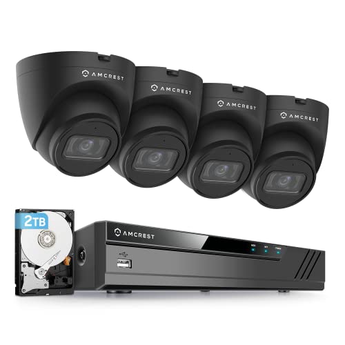 Amcrest 5MP POE Security Camera System Outdoor, 8CH POE NVR, 4pcs 5MP Turret Cameras, IP67 Metal Turret IP Cameras, Built in Mic, Pre-Installed 2TB Hard Drive, NV4108E-IP5M-T1179EB4-2TB