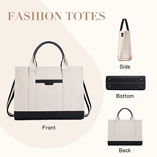 Missnine Tote Bag Canvas Laptop Bag 15.6 inch Briefcase for Women Large Capacity Handbag for Office, College, Travel (Black+Beige)