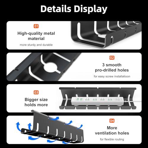 Under Desk Cable Management Tray 2PCS Metal U-Channel Desk Wire Management Self-Adhesive Installation Desk Cable Organizer - Home & Office