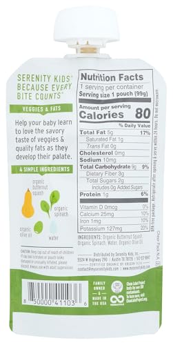 Serenity Kids 6+ Months USDA Organic Veggie Puree Baby Food Pouches | No Sugary Fruits or Added Sugar | Allergen Free | 3.5 Ounce BPA-Free Pouch | Butternut Squash & Spinach | 1 Count