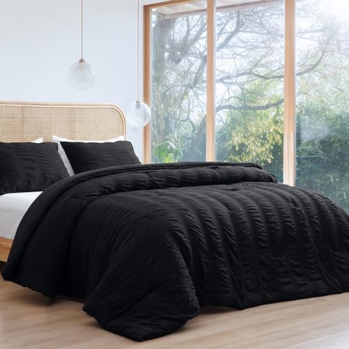 PHF Soft Seersucker Comforter Set Queen Size, 3 Pieces Lightweight Black Bedding Set for All Season, Breathable Comforter Sets with 1 Comforter and 2 Pillowcases