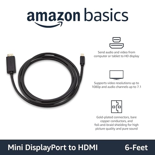Amazon Basics Mini DisplayPort Male to HDMI Male Cable, 1080p, Gold-Plated Plugs, 6 Foot, Black for Personal Computer