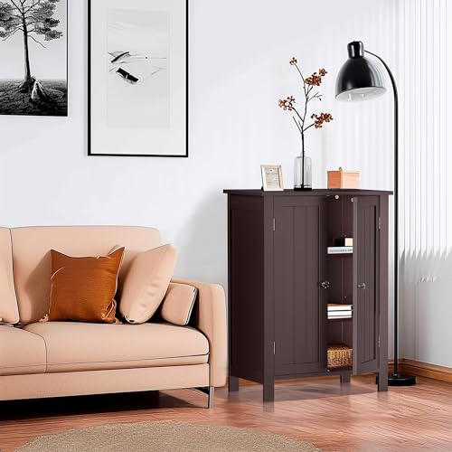 ZENY Bathroom Floor Storage Cabinet with Double Door + Adjustable Shelf, Wooden Organizer Cabinet for Living Room, Bathroom, Bedroom, Modern Home Furniture (Brown)