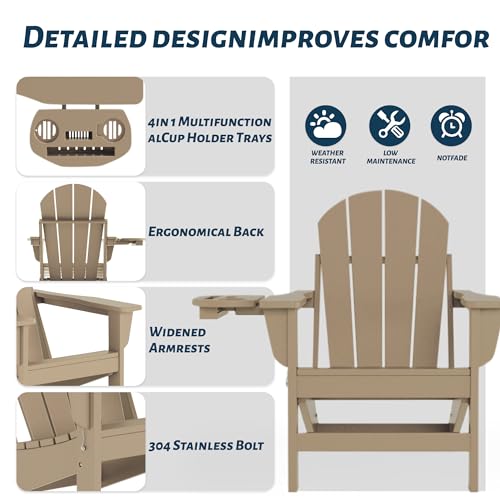 NAVINE Adirondack Chair, HDPE Folding Adirondack Chair with Multifunctional Cup Holder, Weather Resistant Fire Pit Chair for porches, patios, patios, poolsides, Decks.