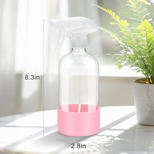 Worldgsb 1 Pack Glass Spray Bottles with Silicone Sleeve, 16 oz Empty Refillable Containers with Adjustable Spray Nozzles, Spray Bottles for Hair, Cleaning Solutions and Plants Pink