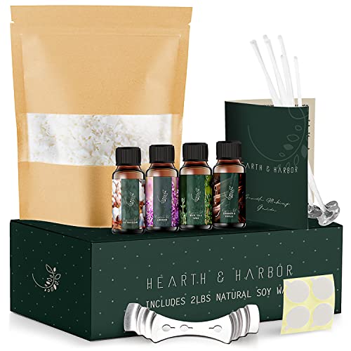 Hearth & Harbor Soy Candle Wax for Candle Making - Natural Soy Wax for Candle Making 2 lb Bag, Premium Soy Wax Flakes, 5 Cotton Candle Wicks, 4 Wick Stickers, & 1 Centering Devices