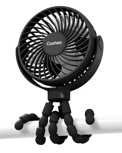 Coohea Stroller Fan Battery Operated Portable Fan USB Rechargeable Small Fan with Flexible Tripod Cooling Fan Clip on for Baby Stroller Car Seat Bike Golf Cart Beach Trip Outdoor, 3 Speeds Wind, Black
