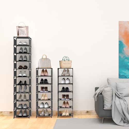 Vertical Narrow Tall Shoe Rack for front Door Entrance,10 Tiers Sturdy Metal Shoe Rack Organizer for Closet Entryway, 10-15 Pairs of Shoes and Boots Storage Shelf, Space Saving Stackable Shoe Rack
