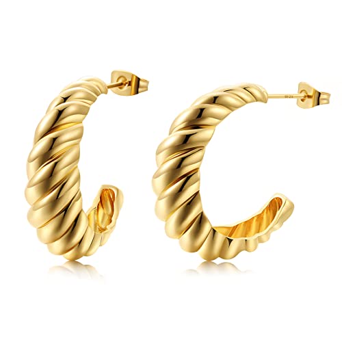 14K Gold Plated Croissant Earrings Twisted Round Hoop Earrings Chunky Hoop Earrings 925 Sterling Silver Post Earrings Huggies with CZ for Women and Gift for Her