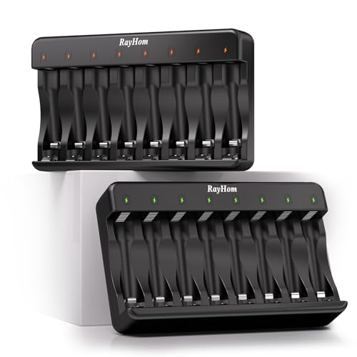 RayHom AA AAA Battery Charger 2-Pack - 8 Bay Smart Individual Charger for Ni-MH Ni-CD Rechargeable Batteries