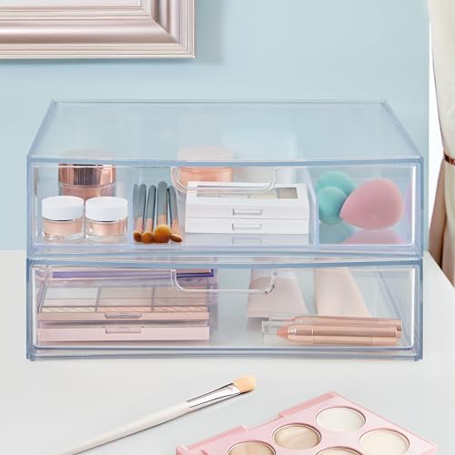 STORi Sofia 12.5” Wide Clear Stackable Open & Divided Storage Drawers, 2 Pack Plastic Organizer Bins for Makeup Palettes, Cosmetics, & Beauty Supplies, Vanity, Bathroom, Desk Organization, Made in USA