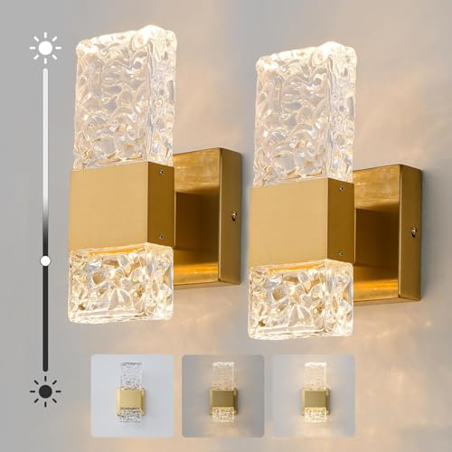 OYLYW Gold Dimmable Crystal Wall Sconces Set of Two Modern Bathroom Vanity Light Fixtures Warm White 3500K Dimmable LED Wall Mounted Sconces for Bathroom Hallway Living Room(2 Pack)