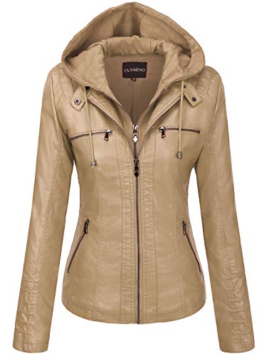 Tanming Women's Womens Hooded Faux leather Jackets (X-Small, Apricot)