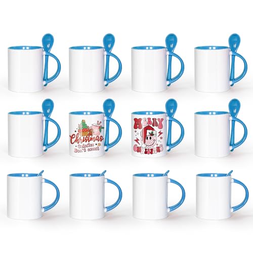 AGH Sublimation Coffee Mugs Blank 11 oz, White Straight Ceramic Cups with Blue Interior, Handle, Spoon, Bulk Bundle Set of 12