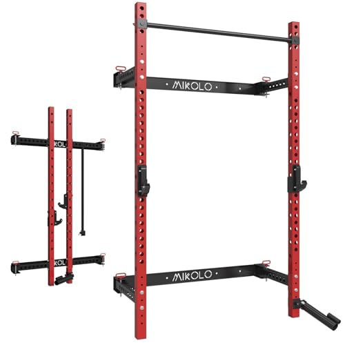 Mikolo 2" x 2" Folding Wall Mounted Squat Rack, 1000 Pounds Capacity Power Rack with Pull Up Bar, J Hooks, Landmine and Other Attachments, Space-Saving Home Gym(Black)