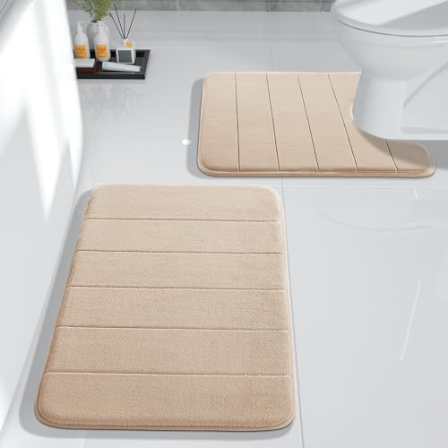 Yimobra Memory Foam Bath Mat Set, 2 Piece Soft Bathroom Rugs, 31.5x19.8 and 24x20.4 U-Shaped Bathroom Rugs, Toilet Mat, Water Absorption, Non Slip, Thick, Dry Fast for Bathroom Floor Mat, Peacock Blue
