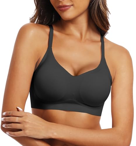 OEAK Womens Push Up Everyday Bras Comfortable Wireless Bralettes V Neck Seamless Bra Smooth Brassiere Wire Free Basic Bras Black M