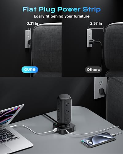 Flat Plug Power Strip Tower, 40W Total Fast Charging Station, Dual PD 20W USB-C Surge Protector with 12 AC Outlets and 8 USB Ports (4 USB C), 10FT Extension Cord for Home Office Dorm Room