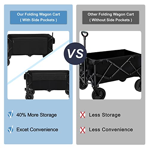 Mdeam 220L Collapsible Foldable Wagon, Heavy Duty Folding Utility Cart with Big All-Terrain Beach Wheels, Cup Holders, Side Pockets and Adjustable Handle for Camping, Garden, Sports, Shopping (Black)