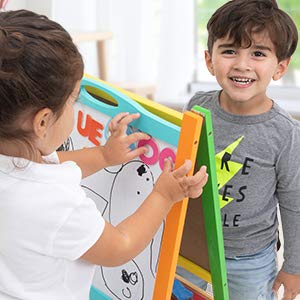 Double Sided Wooden Art Easel for Kids Standing Magnetic Whiteboard Chalkboard Small Toddler Toys. Includes Wooden ABC Numbers. Eco Friendly