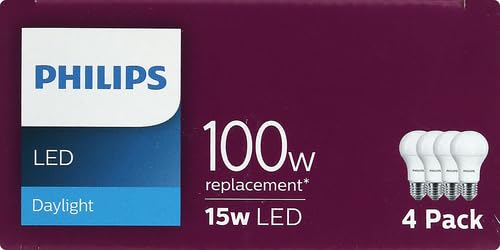 Philips LED Basic Frosted Non-Dimmable A19 Light Bulb - EyeComfort Technology - 1500 Lumen - Daylight (5000K) - 13.5W=100W - E26 Base - Old Version- Indoor - 4-Pack